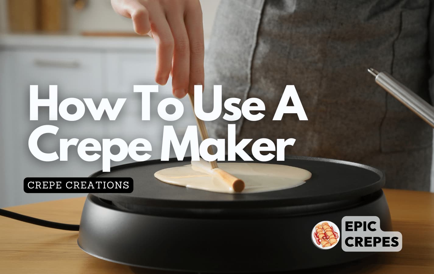 Woman in the kitchen spreading the crepe batter on a crepe maker